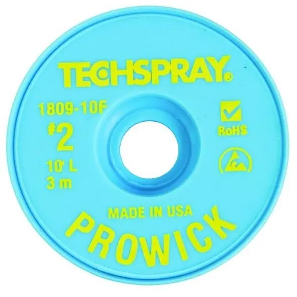 TechSpray 1809-10F 2 Pro-Wick Rosin ESD-Safe Desoldering Braid, Yellow, 0.055" dia. x 10‘ Spool