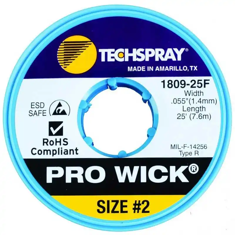 TechSpray 1809-25F 2 Pro-Wick Rosin ESD-Safe Desoldering Braid, Yellow, 0.055" dia. x 25‘ Spool