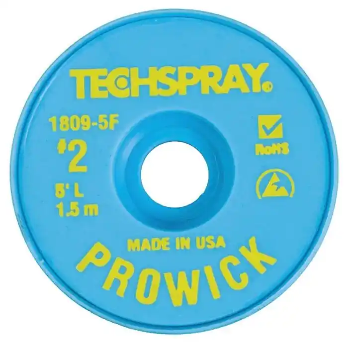 TechSpray 1809-5F 2 Pro-Wick Rosin ESD-Safe Desoldering Braid, Yellow, 0.055" dia. x 5‘ Spool