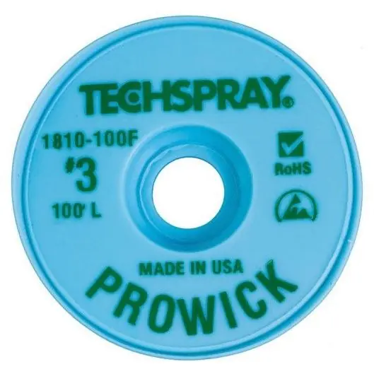TechSpray 1810-100F 3 Pro-Wick Rosin ESD-Safe Desoldering Braid, Green, 0.075" dia. x 100‘ Spool