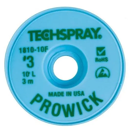 TechSpray 1810-10F 3 Pro-Wick Rosin ESD-Safe Desoldering Braid, Green, 0.075" dia. x 10‘ Spool