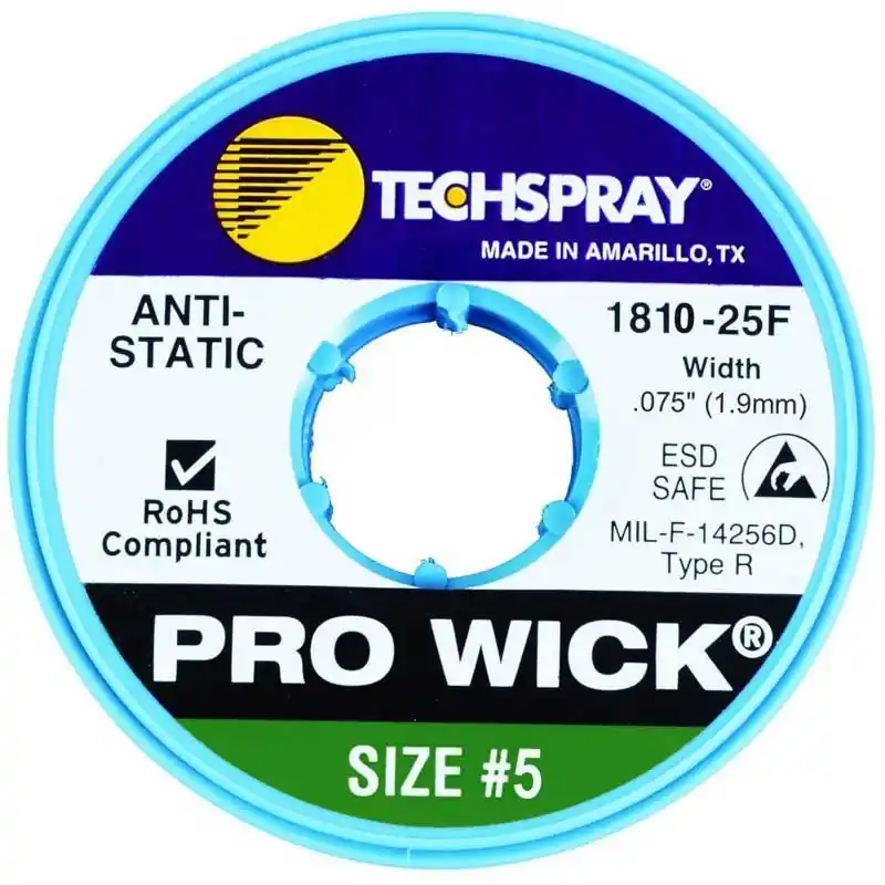 TechSpray 1810-25F 3 Pro-Wick Rosin ESD-Safe Desoldering Braid, Green, 0.075" dia. x 25‘ Spool