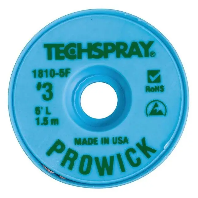 TechSpray 1810-5F 3 Pro-Wick Rosin ESD-Safe Desoldering Braid, Green, 0.075" dia. x 5‘ Spool