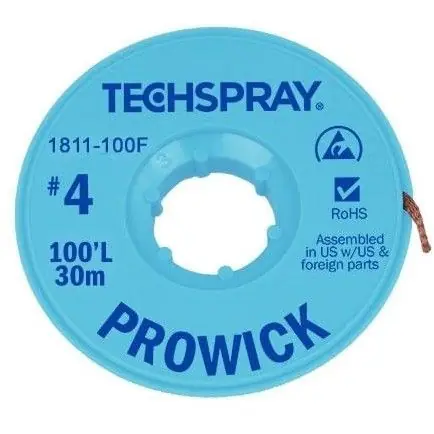 TechSpray 1811-100F 4 Pro-Wick Rosin ESD-Safe Desoldering Braid, Blue, 0.098" dia. x 100‘ Spool