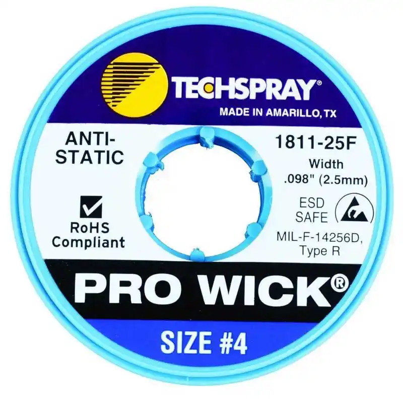 TechSpray 1811-25F 4 Pro-Wick Rosin ESD-Safe Desoldering Braid, Blue, 0.098" dia. x 25‘ Spool