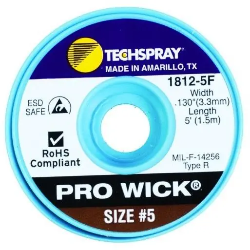 TechSpray 1812-5F 5 Pro-Wick Rosin ESD-Safe Desoldering Braid, Brown, 0.130" dia. x 5‘ Spool