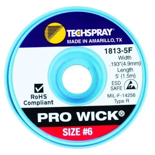 TechSpray 1813-5F 6 Pro-Wick Rosin ESD-Safe Desoldering Braid, Red, 0.193" dia. x 5‘ Spool