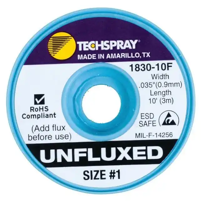 TechSpray 1830-10F 1 Unfluxed ESD-Safe Desoldering Braid, White, 0.035" dia. x 10‘ Spool