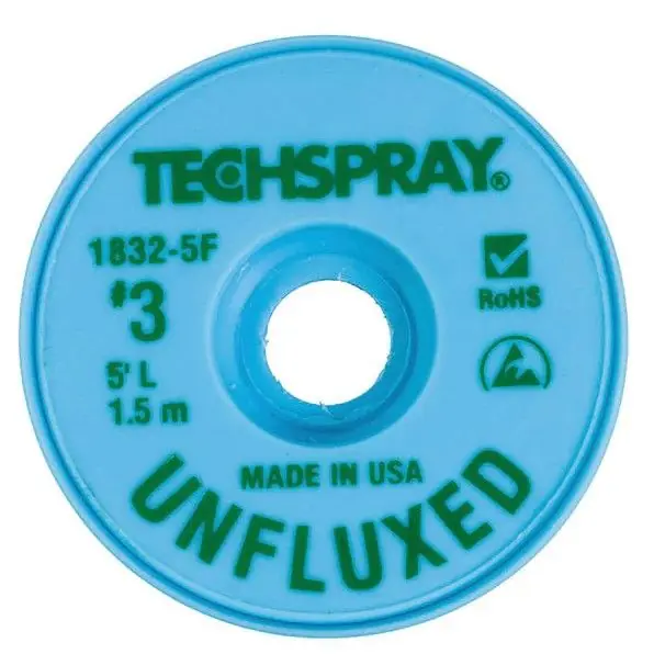 TechSpray 1832-5F 3 Unfluxed ESD-Safe Desoldering Braid, Green, 0.075" dia. x 5‘ Spool