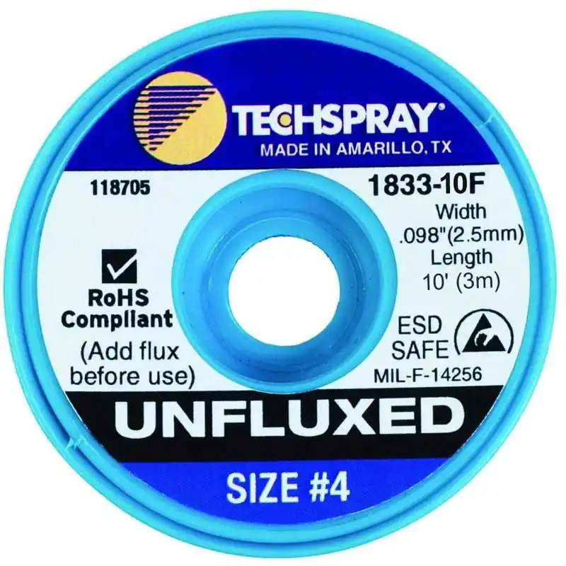 TechSpray 1833-10F 4 Unfluxed ESD-Safe Desoldering Braid, Blue, 0.098" dia. x 10‘ Spool