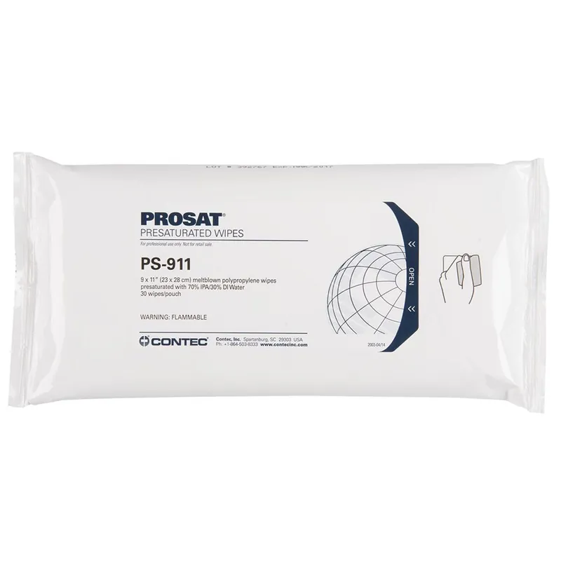 Contec PS-911 PROSAT, Meltblown Polypropylene Nonwoven Presaturated Wipes, 70% IPA, 9" x 11" (Bag of 30)