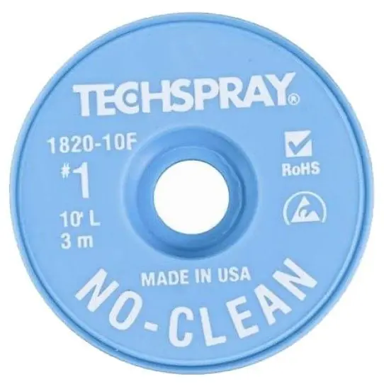 TechSpray 1820-10F 1 No-Clean ESD-Safe Desoldering Braid, White, 0.035" dia. x 10‘ Spool