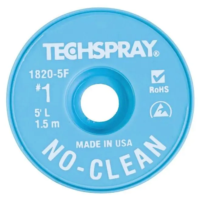 TechSpray 1820-5F 1 No-Clean ESD-Safe Desoldering Braid, White, 0.035" dia. x 5‘ Spool
