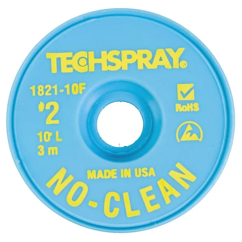 TechSpray 1821-10F 2 No-Clean ESD-Safe Desoldering Braid, Yellow, 0.055" dia. x 10‘ Spool