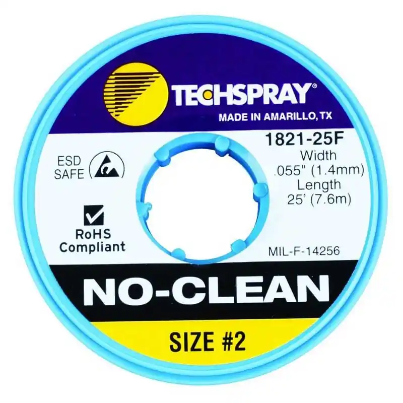 TechSpray 1821-25F 2 No-Clean ESD-Safe Desoldering Braid, Yellow, 0.055" dia. x 25‘ Spool