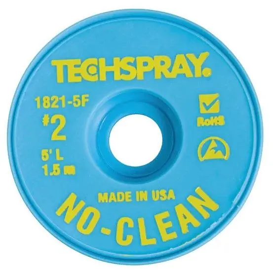TechSpray 1821-5F 2 No-Clean ESD-Safe Desoldering Braid, Yellow, 0.055" dia. x 5‘ Spool