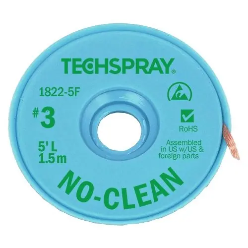 TechSpray 1822-50F 3 No-Clean ESD-Safe Desoldering Braid, Green, 0.075" dia. x 50‘ Spool