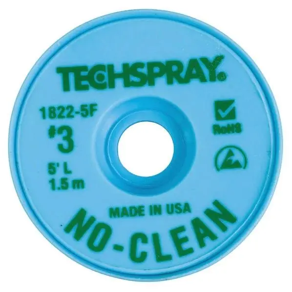 TechSpray 1822-5F 3 No-Clean ESD-Safe Desoldering Braid, Green, 0.075" dia. x 5‘ Spool