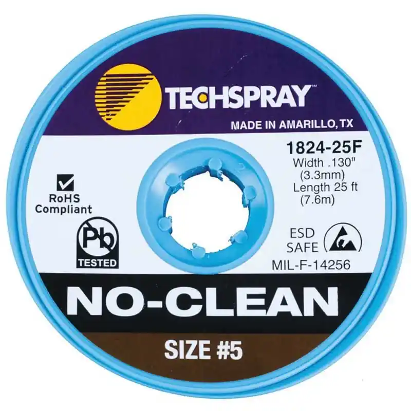 TechSpray 1824-25F 5 No-Clean ESD-Safe Desoldering Braid, Brown, 0.130" dia. x 25‘ Spool
