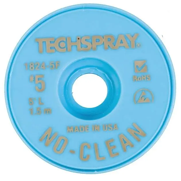 TechSpray 1824-5F 5 No-Clean ESD-Safe Desoldering Braid, Brown, 0.130" dia. x 5‘ Spool