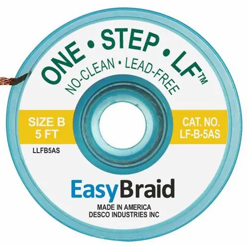 Easy Braid LF-B-5AS 2 No-Clean Lead-Free Anti-Static Desoldering Braid, Yellow, 0.050" dia. x 5‘ Spool