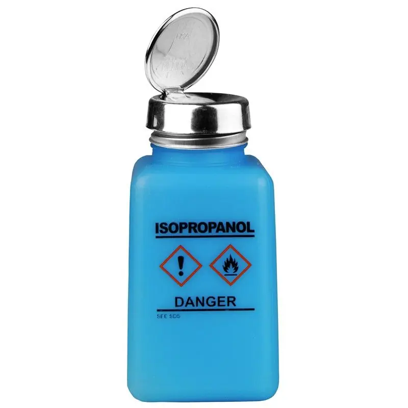 Menda 35735 durAstatic® Dissipative HDPE One-Touch Bottle, Blue with "Isopropanol" Print & GHS Label, 6 oz.