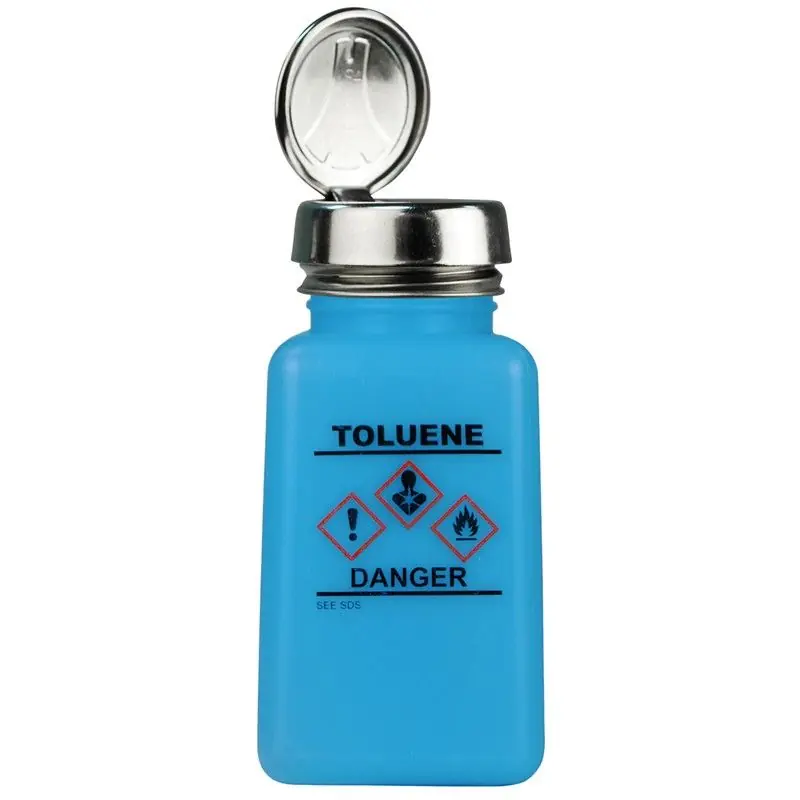 Menda 35760 durAstatic® Dissipative HDPE One-Touch Bottle, Blue with "Toluene" Print & GHS Label, 6 oz.