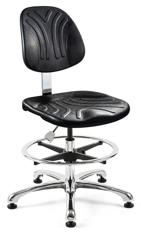 Bevco 7350DC Dura Mid-Height Class 10 Cleanroom Chair with Polished Aluminum Base, Black Polyurethane