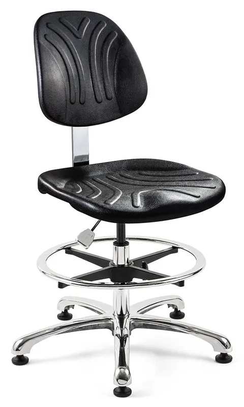 Bevco 7550DC Dura Bench Height Class 10 Cleanroom Chair with Polished Aluminum Base, Black Polyurethane