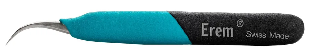Erem E7SA High Precision Swiss-Made ESD-Safe Stainless Steel Tweezer with Ergonomic Handle & Offset Curved, Relieved, Strong Pointed Tips, 4.724" OAL
