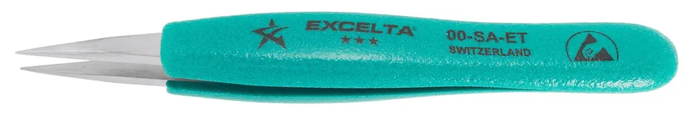 Excelta 00-SA-ET ★★★ Swiss-Made ESD-Safe Neverust® Anti-Magnetic Stainless Steel Tweezer with Ergo-Tweeze® Handle & Straight, Strong, Medium Pointed Tips, 5.5" OAL