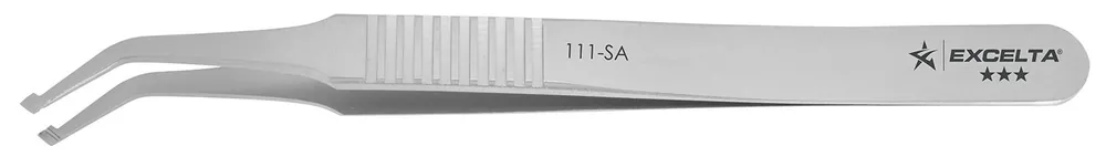Excelta 111-SA ★★★ Neverust® Stainless Steel SMD Tweezer with Serrated Handles & 39° Angled Paddle Tips with 0.02" Slot