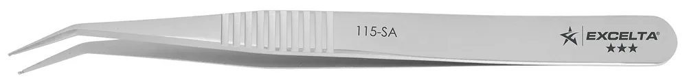 Excelta 115-SA ★★★ Neverust® Stainless Steel SMD Tweezer with Serrated Handles & 30° Angled Paddle Tips with 0.02" Grooves