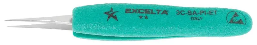 Excelta 3C-SA-PI-ET ★★ Italian-Made ESD-Safe Anti-Magnetic Stainless Steel Tweezer with Ergo-Tweeze® Handle & Straight, Very Fine Pointed Tips, 4.75" OAL