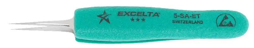 Excelta 5-SA-ET ★★★ Swiss-Made ESD-Safe Neverust® Anti-Magnetic Stainless Steel Tweezer with Ergo-Tweeze® Handle & Straight, Tapered, Ultra Fine Pointed Tips, 4.75" OAL