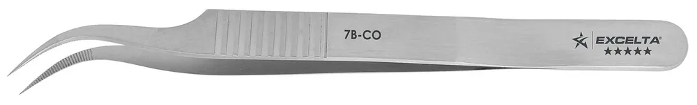 Excelta 7B-CO ★★★★★ Swiss-Made Cobalt Steel Cobalt Tweezer with 55° Curved, Serrated Very Fine Pointed Tips, 4.5" OAL