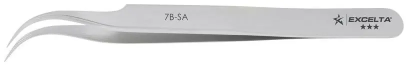 Excelta 7B-SA ★★★ Swiss-Made Neverust® Anti-Magnetic Stainless Steel Tweezer with 55° Curved, Serrated Very Fine Pointed Tips, 4.5" OAL