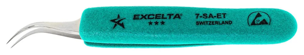 Excelta 7-SA-ET ★★★ Swiss-Made ESD-Safe Neverust® Anti-Magnetic Stainless Steel Tweezer with Ergo-Tweeze® Handle & 45° Curved, Tapered, Very Fine Pointed Tips, 5" OAL