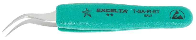 Excelta 7-SA-PI-ET ★★ Italian-Made ESD-Safe Anti-Magnetic Stainless Steel Tweezer with Ergo-Tweeze® Handle & 45° Curved, Tapered, Very Fine Pointed Tips, 5" OAL