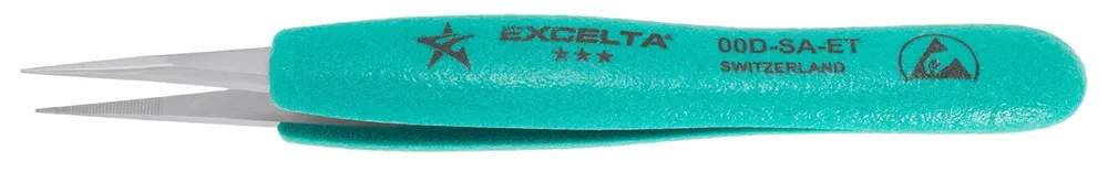 Excelta 00D-SA-ET ★★★ Swiss-Made ESD-Safe Neverust® Anti-Magnetic Stainless Steel Tweezer with Ergo-Tweeze® Handle & Straight, Strong, Serrated Medium Pointed Tips, 5.25" OAL