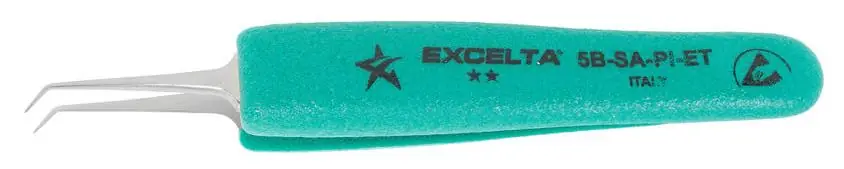 Excelta 5B-SA-PI-ET ★★ Italian-Made ESD-Safe Anti-Magnetic Stainless Steel Tweezer with Ergo-Tweeze® Handle & 45° Bent, Tapered, Ultra Fine Pointed Tips, 4.75" OAL