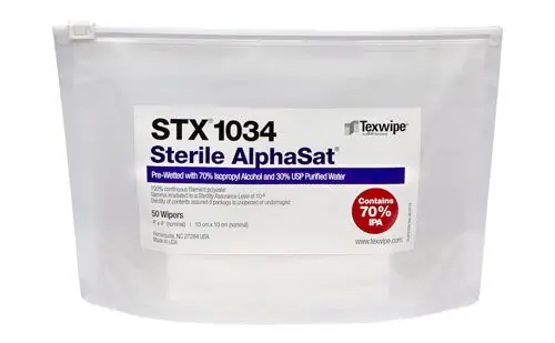 Texwipe STX1034 AlphaSat® AlphaWipe® Sterile Pre-Wetted Polyester Cleanroom Wipers, 70% IPA, 4" x 4" (Case of 400 (8 Packs of 50))