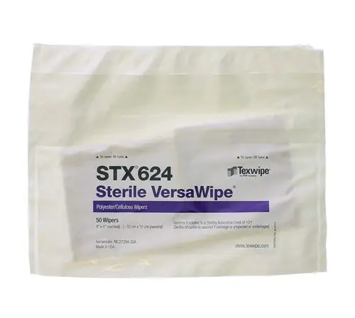 Texwipe STX624 VersaWipe® Sterile Polycellulose Nonwoven Cleanroom Wipers, 4" x 4" (Case of 2,500 (50 Bags of 50))