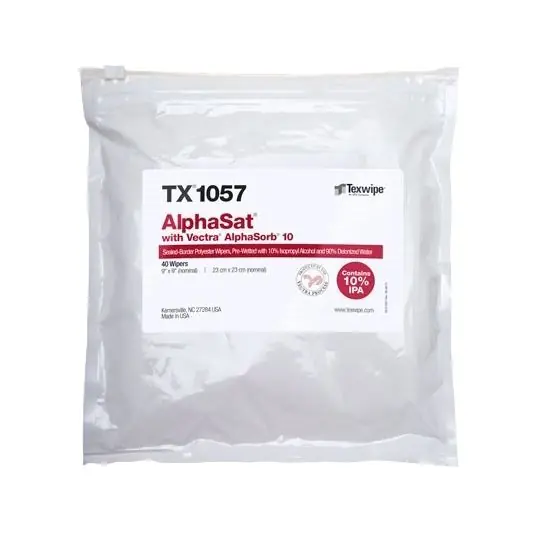Texwipe TX1057 AlphaSat® with Vectra® AlphaSorb® 10 Pre-Wetted Polyester 2-Ply Cleanroom Wipers, 10% IPA, 9" x 9" (Case of 480 (12 Bags of 40))