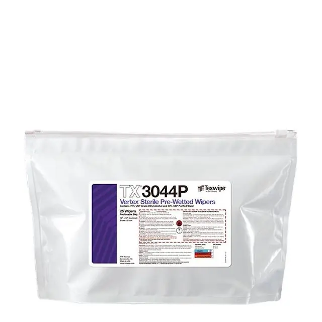 Texwipe TX3044P Vertex® Sterile Pre-Wetted Polyester Knit Cleanroom Wipers, 70% Ethanol, 12" x 12" (Case of 125 (5 Bags of 25))