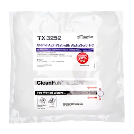 Texwipe TX3252 AlphaSat® with AlphaSorb® HC Sterile Pre-Wetted 2-Ply Polyester Cleanroom Wipers, 70% IPA, 12" x 12" (Case of 125 (5 Packs of 25))