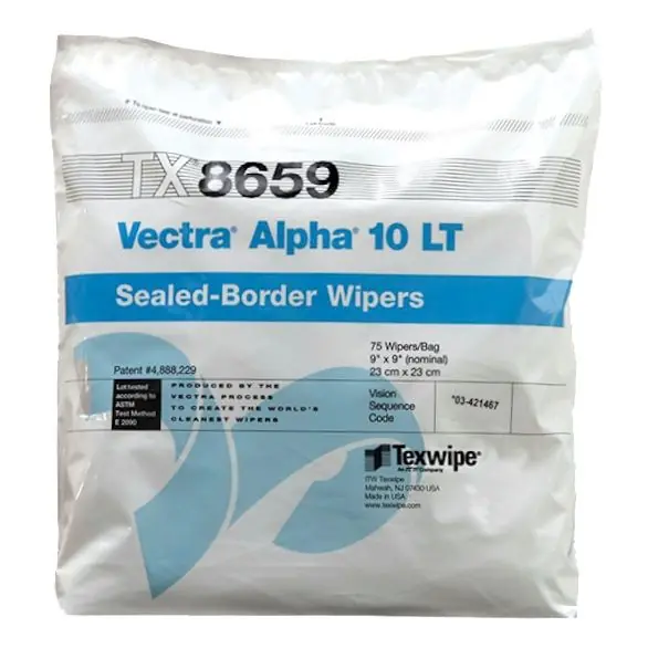 Texwipe TX8659 Vectra® Alpha® 10 LT Low TiO2 Polyester Cleanroom Wipers, 9" x 9" (Case of 1,500 (10 Bags of 150))