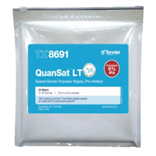 Texwipe TX8691 Vectra® QuanSat® Alpha® 10 LT Pre-Wetted Low TiO2 Polyester Cleanroom Wipers, 6% IPA, 9" x 9" (Case of 600 (12 Bags of 50))