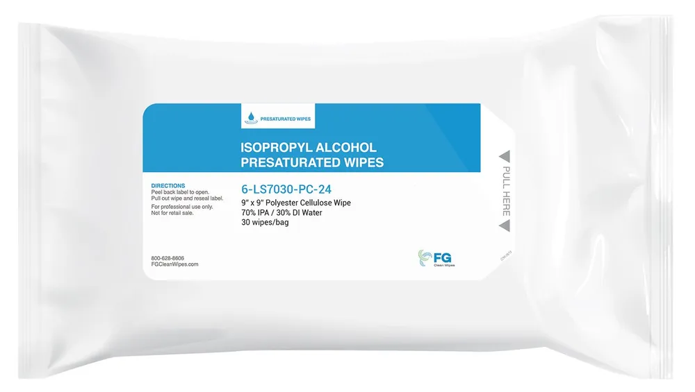FG Clean Wipes 6-LS7030-PC-24 Presaturated Hydroentangled Polycellulose Cleanroom Wipes, 70% IPA, 9" x 9"