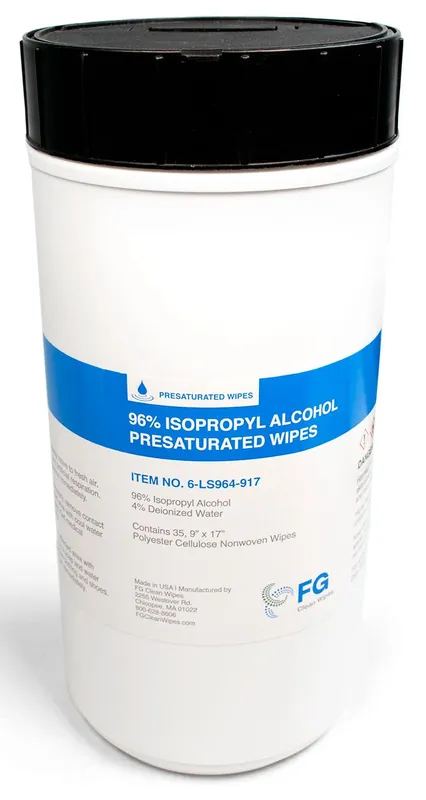 FG Clean Wipes 6-LS964-917 Presaturated Hydroentangled Polycellulose Cleanroom Wipes, 96% IPA, 9" x 17"
